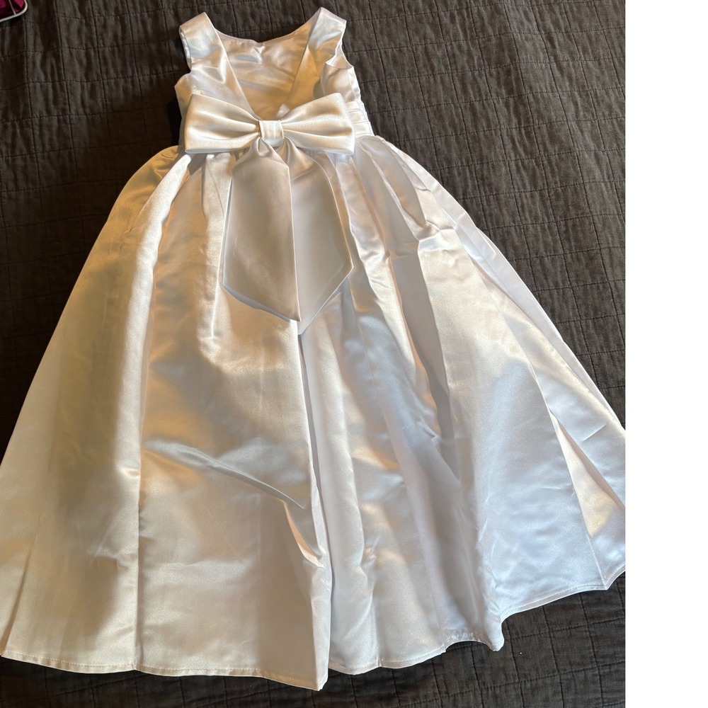 MISSACC White Satin A-Line Flower Girl Dress Scoop Neck Bow US 2 - Picture 3 of 7